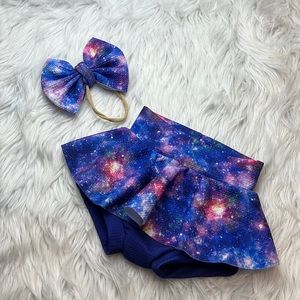 Galaxy skirted Bummy and bow set for birthday